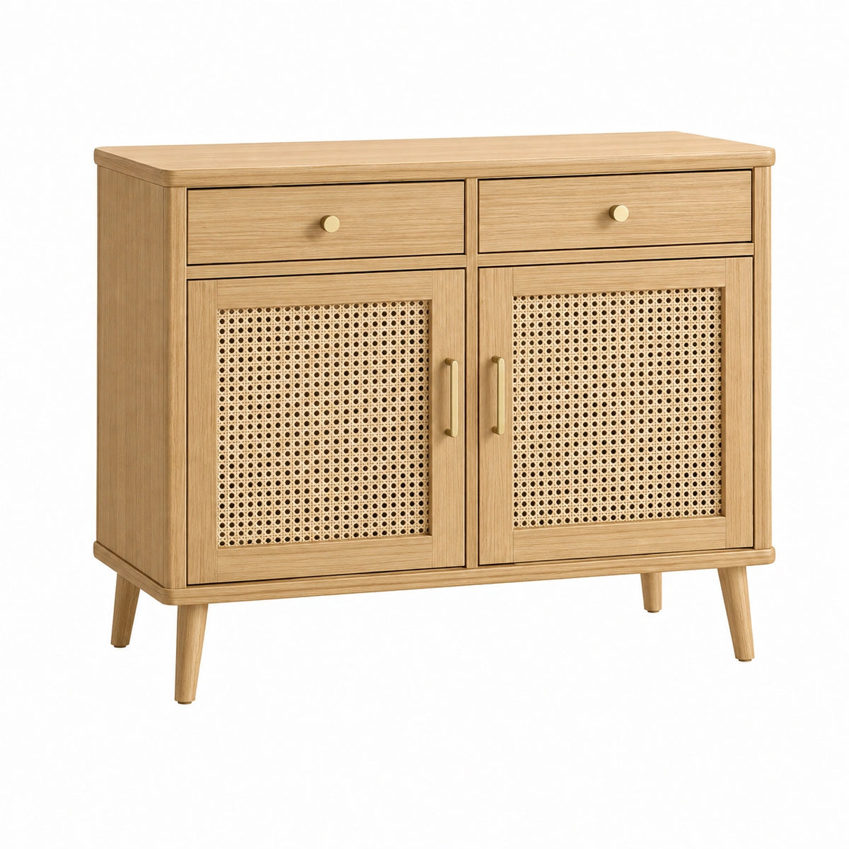 Sideboard 110 x 40 x 90 cm Holz Natur mit Rattangeflecht und Schubladen im Retro Stil