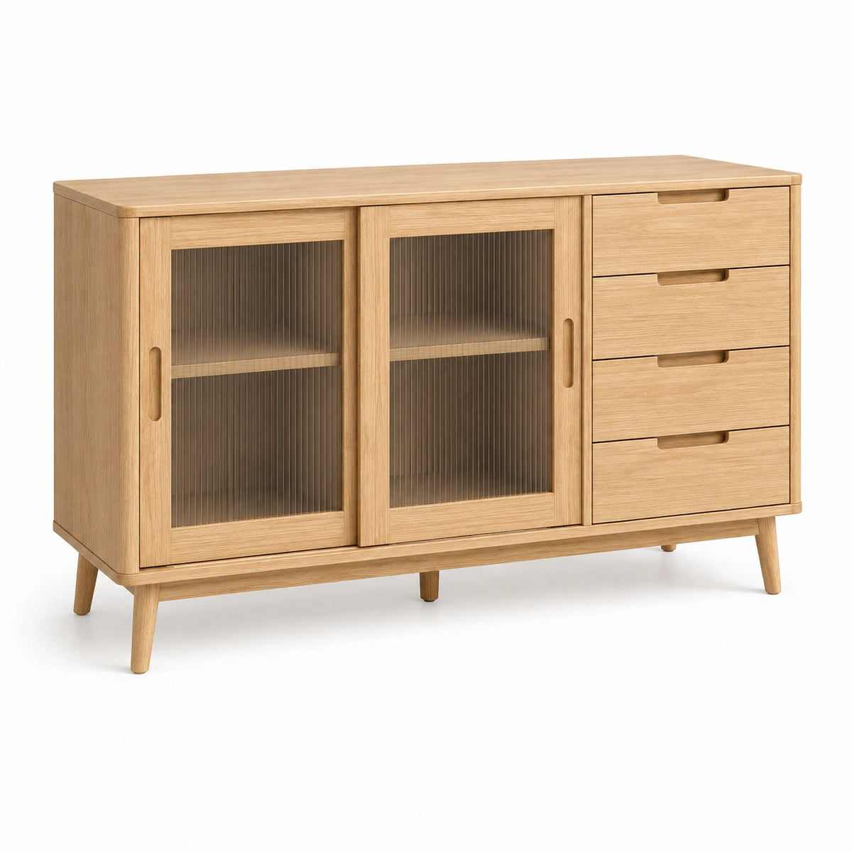 Sideboard 140 x 40 x 85 cm Holzoptik Riffelglas Stauraum Mid-Century-Stil