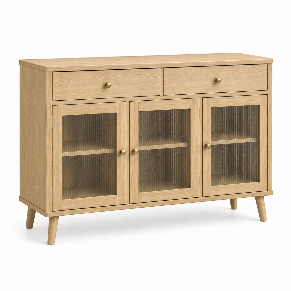 Sideboard 120 x 40 x 90 cm Holzoptik Natur mit Riffelglas im Mid Century Stil