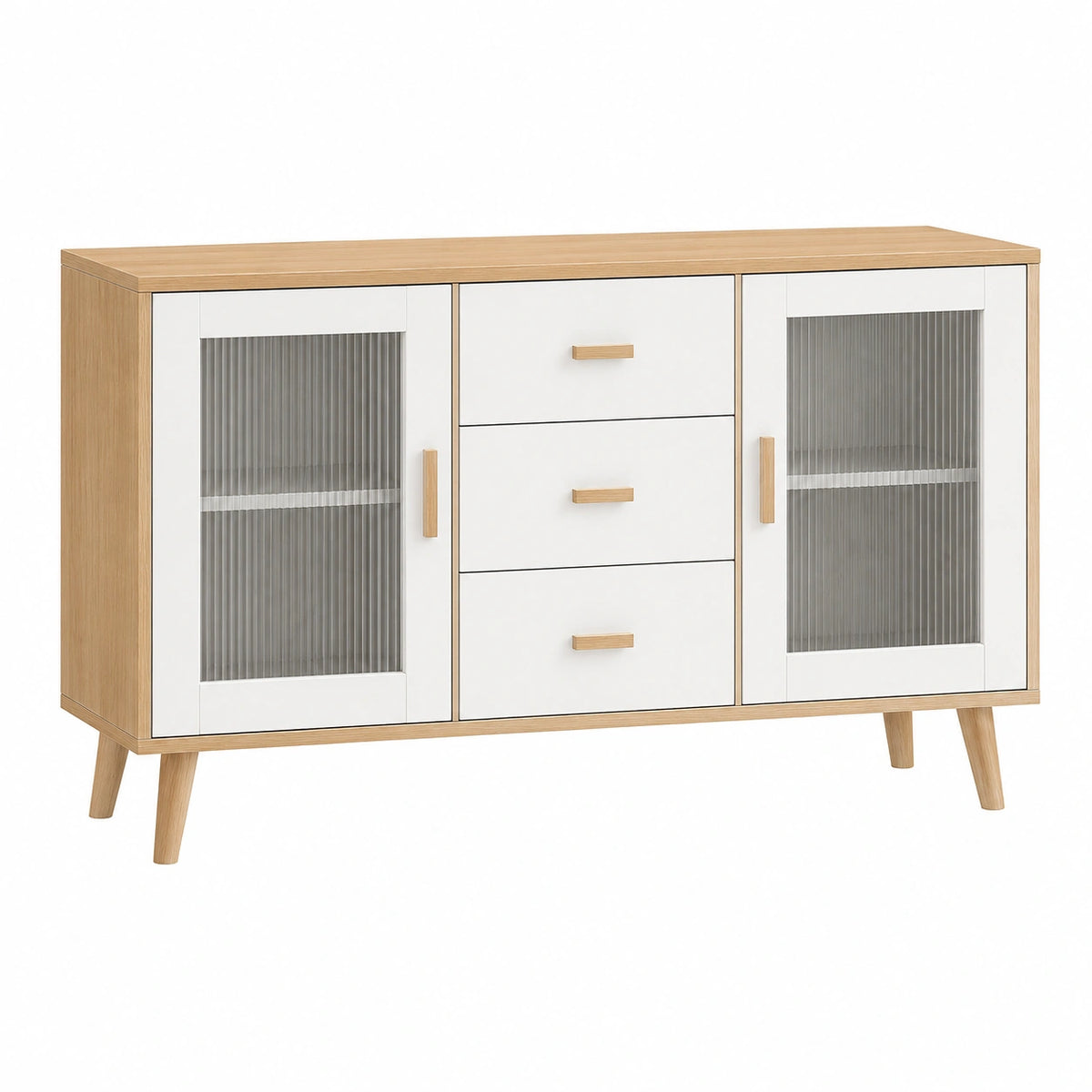 Sideboard 160 x 40 x 90 cm Weiß/Naturholz mit Glasfronten - Aufbewahrung im skandinavischen Stil