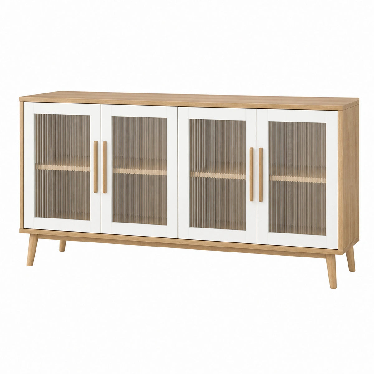 Sideboard 160 x 40 x 85 cm Holzwerkstoff Weiß Natur mit Riffelglas im skandinavischen Stil