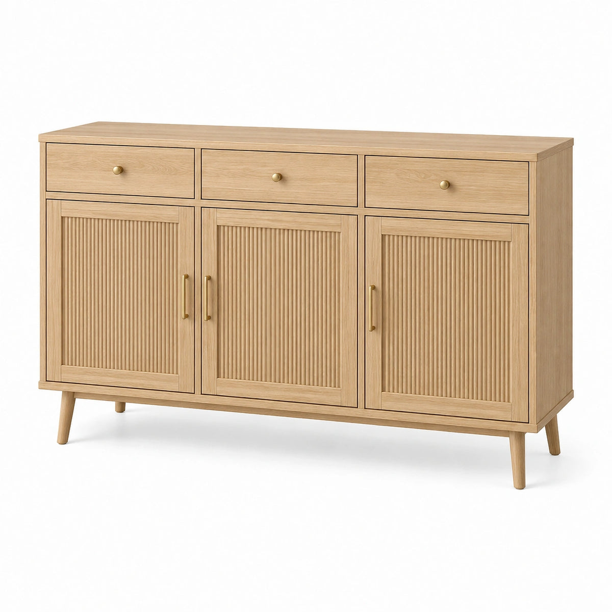 Sideboard 160 x 40 x 90 cm Holzwerkstoff Naturholz mit Rillenfront und Schubladen