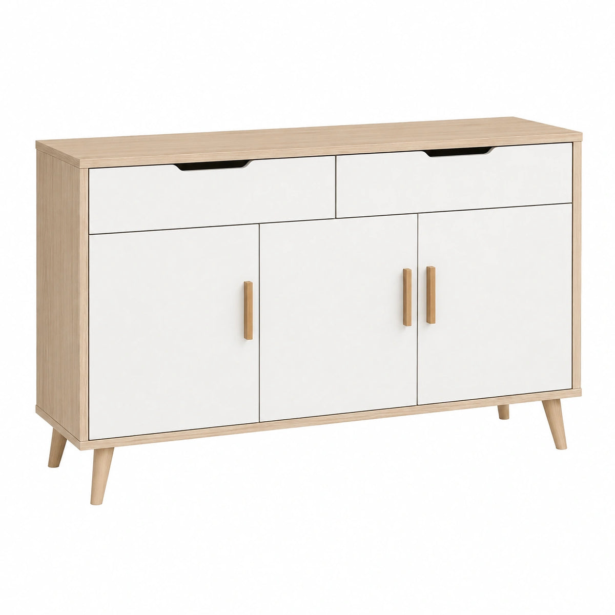 Sideboard 120 x 40 x 85 cm Weiß/Naturholz Holzwerkstoff mit 2 Schubladen und 3 Türen im Skandi-Stil