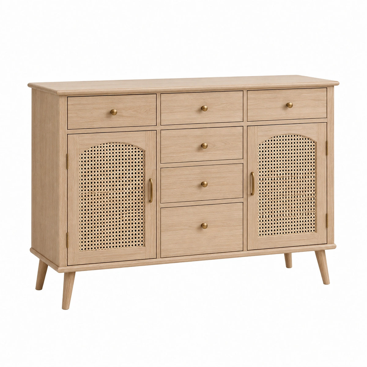Sideboard 140 x 40 x 90 cm in Natur Holzoptik mit Rattangeflecht und 6 Schubladen