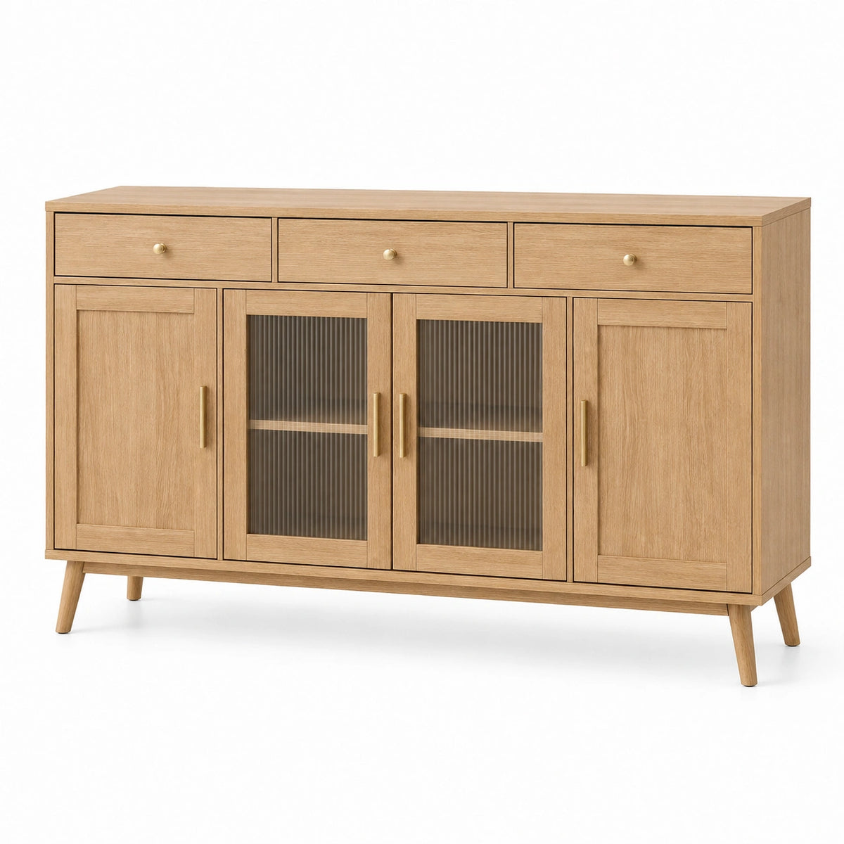 Sideboard 160 cm helles Holz mit Riffelglas und 4 Türen