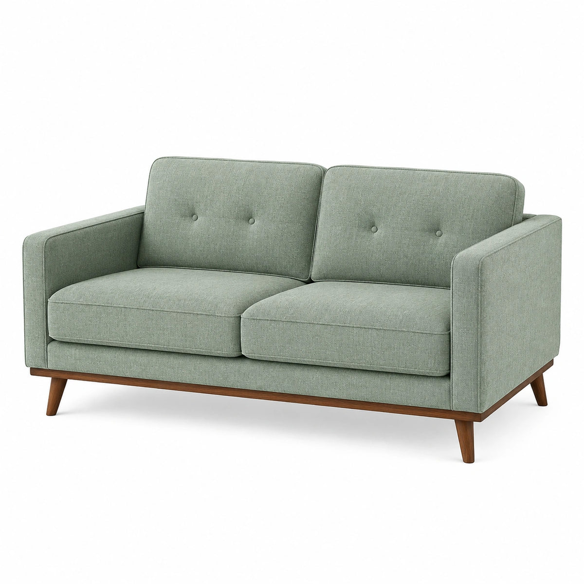 2-Sitzer Sofa 150 x 85 x 85 cm in Salbeigrün mit Stoffbezug und Holzfüßen - Mid-Century Stil