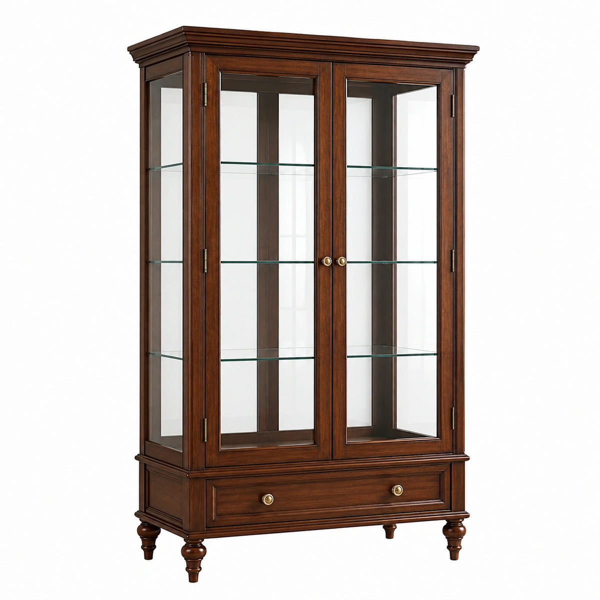 Vitrine 100 x 45 x 190 cm Holz Glas Braun mit Schublade im klassischen Stil