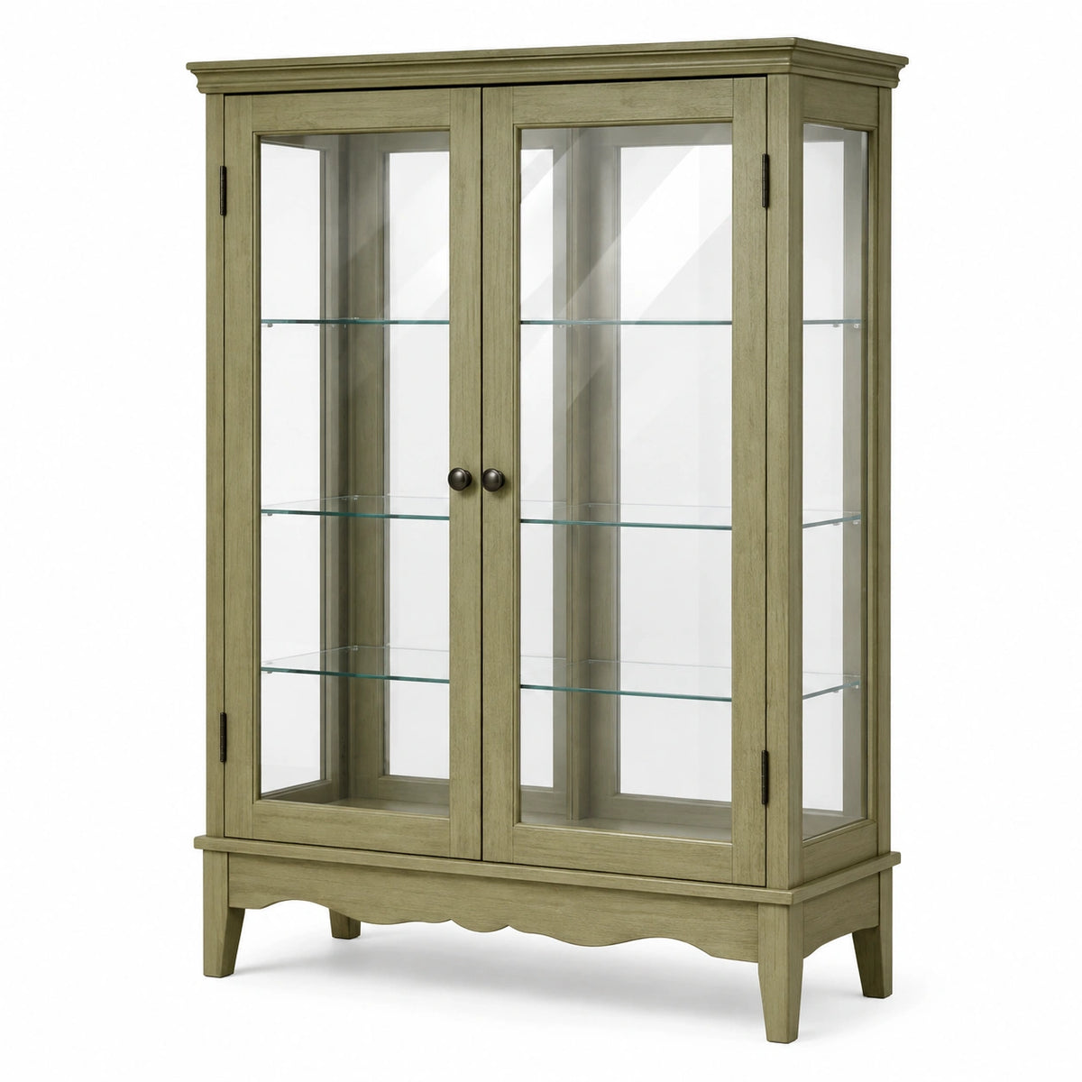 Vitrine 100 x 40 x 190 cm aus Holz und Glas in Graugrün im Landhausstil