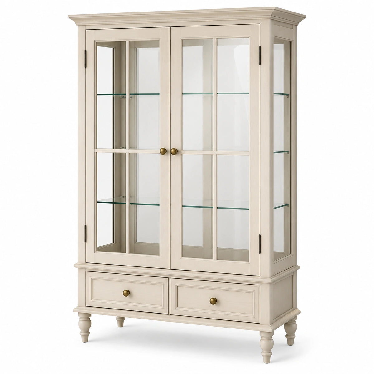 Vitrine 100 x 45 x 190 cm aus Holzwerkstoff und Glas in Creme klassischer Stil mit 2 Türen und Schubladen
