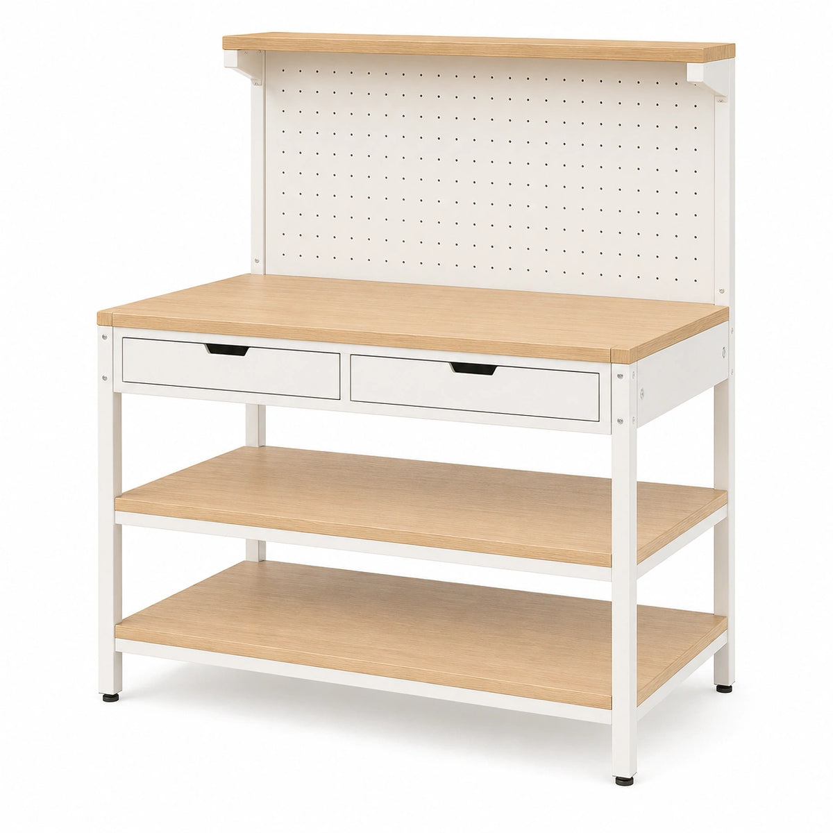 Werkbank 120 x 60 x 150 cm aus Stahl und Holzoptik Weiß/Natur mit Lochwand und Schubladen