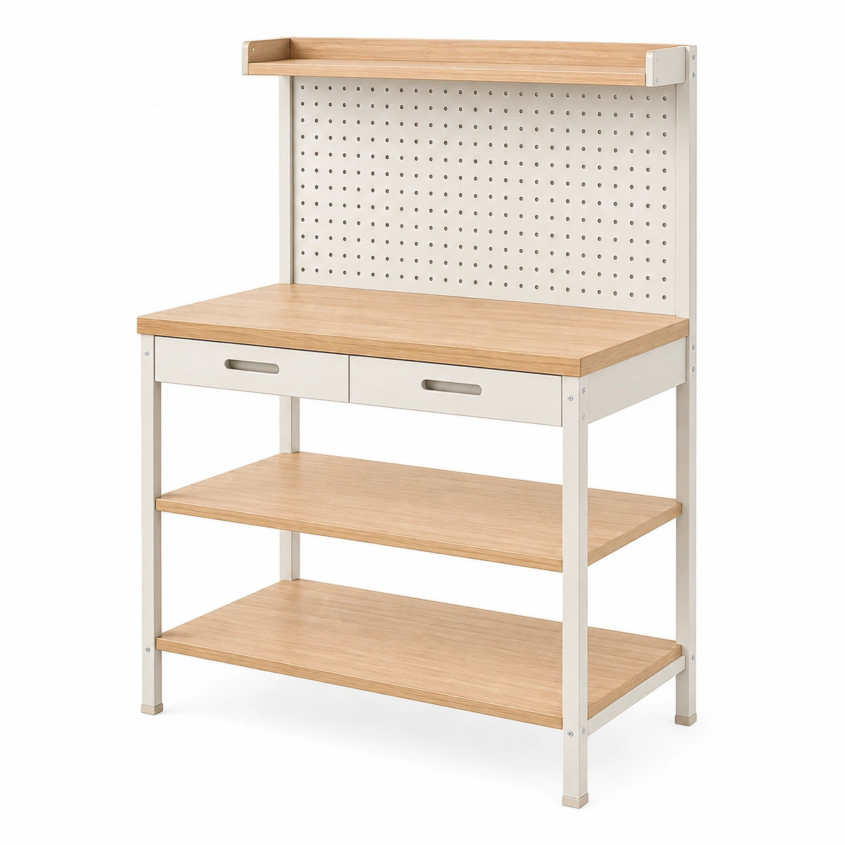 Werkbank 120 x 60 x 170 cm Holzwerkstoff Naturholz Weiß mit Metallgestell Lochwand und Schubladen