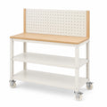 Mobile Werkbank 120 x 60 x 150 cm aus Stahl und Holz in Weiß/Natur mit Lochwand und Ablagen