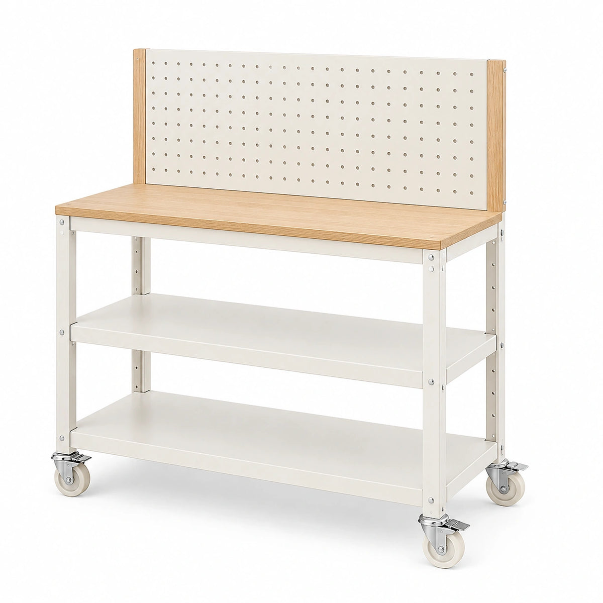 Mobile Werkbank 120 x 60 x 150 cm aus Stahl und Holz in Weiß/Natur mit Lochwand und Ablagen