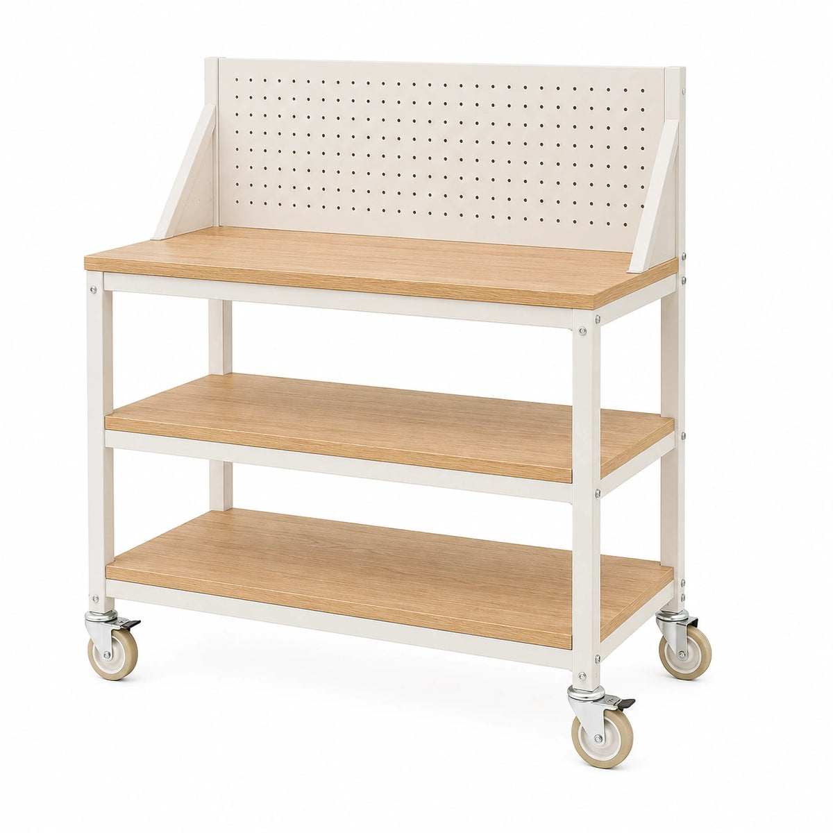 Werkbank 120 x 60 x 150 cm aus Stahl und Holzwerkstoff in Weiß Naturholz mit Lochwand und Rollen