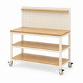 Werkbank 120 x 60 x 150 cm aus Holz und Metall in Weiß/Natur mit Lochwand und Rollen
