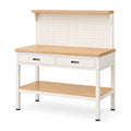 Werkbank 120 x 60 x 150 cm aus Holz und Metall in Weiß/Natur mit Lochwand und Schubladen