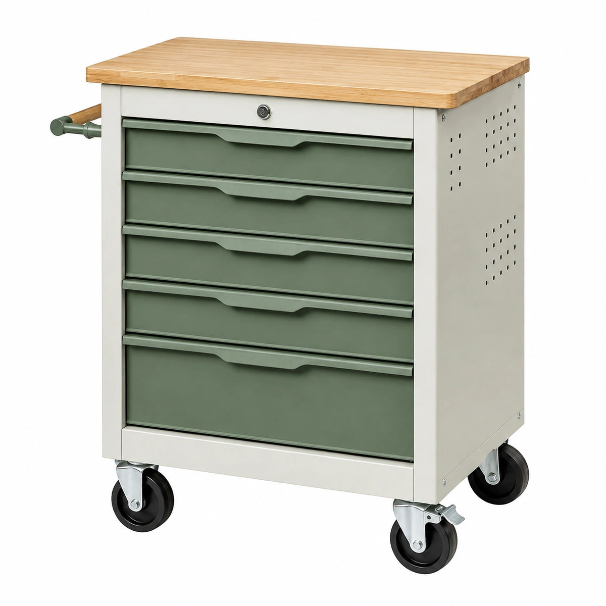 Werkstattwagen 76 x 46 x 94 cm aus Stahl und Bambus in Salbeigrün Weiß mit 5 Schubladen
