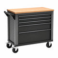 Werkstattwagen 100 x 50 x 90 cm aus Stahl und Holz in Schwarz Natur mit 5 Schubladen und Rollen