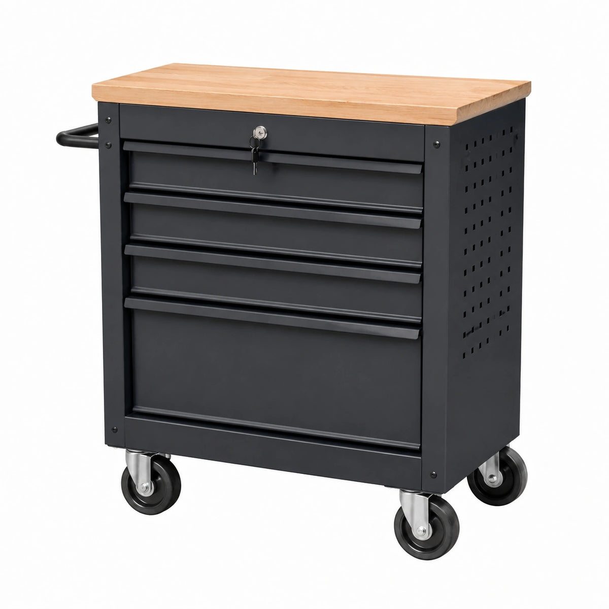 Werkzeugwagen 75 x 46 x 90 cm aus Stahl Schwarz mit Holzplatte und 5 Schubladen