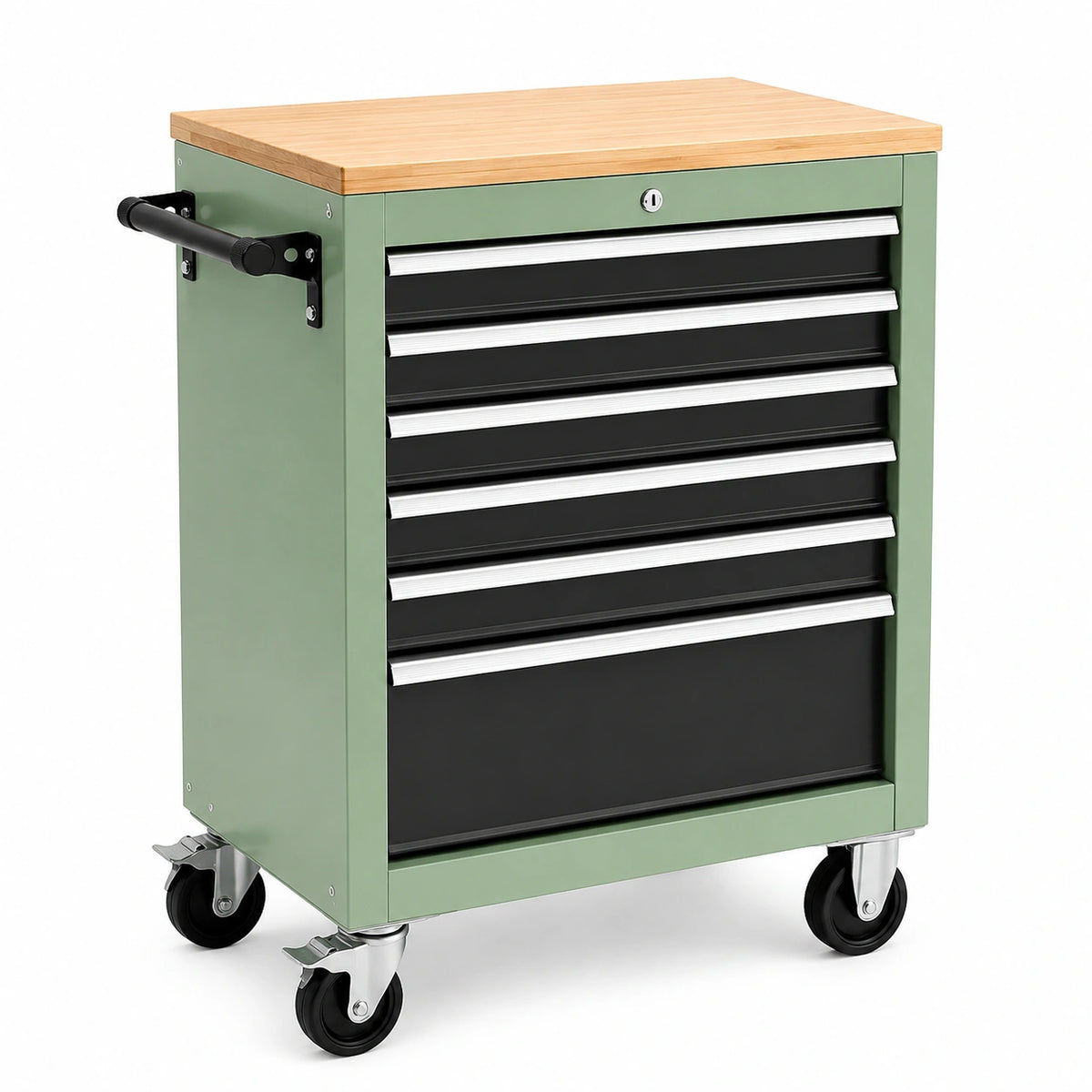 Werkzeugwagen 72 x 46 x 91 cm aus Stahl Grün mit Holzplatte und 7 Schubladen