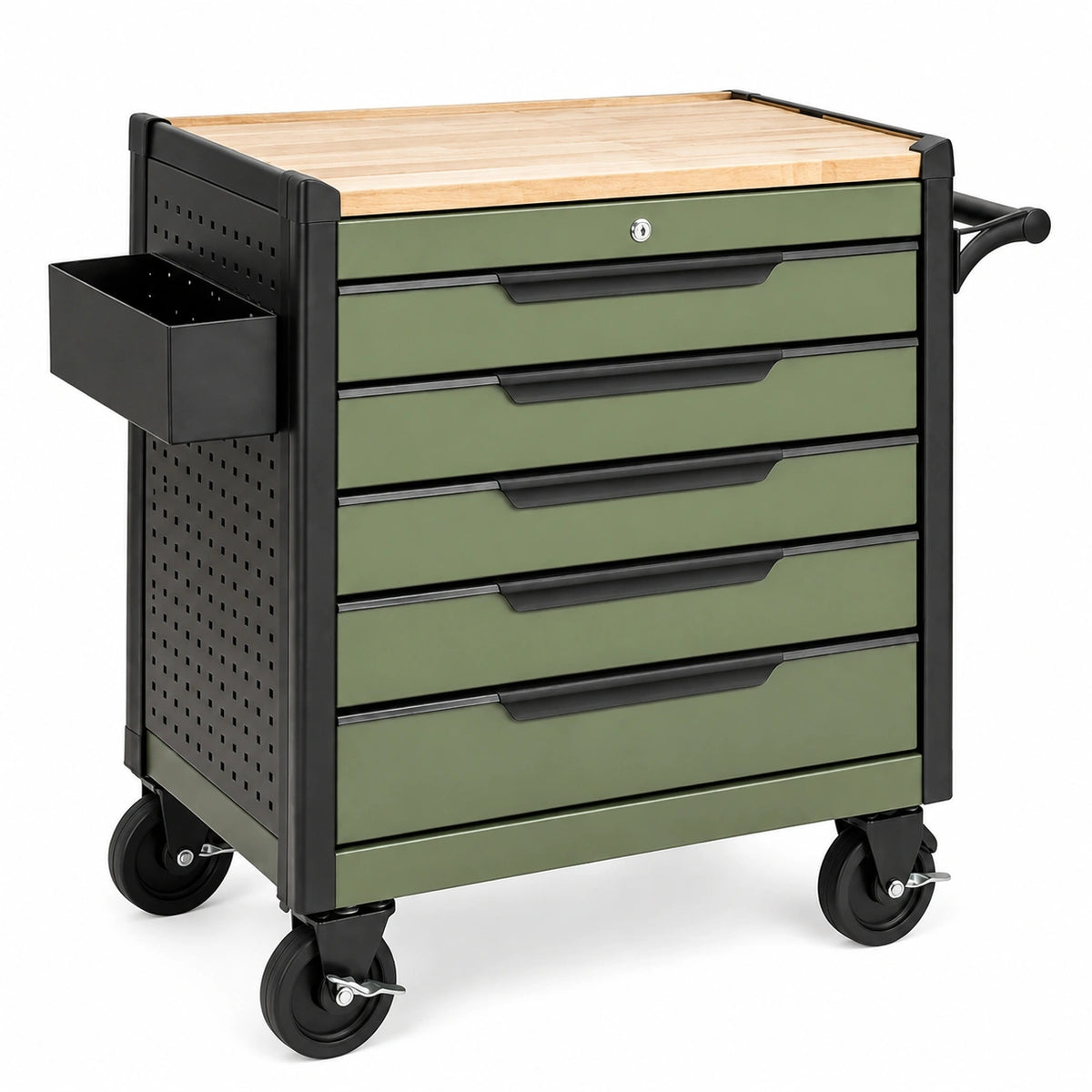 Werkzeugwagen 85 x 46 x 100 cm Stahl Grün Schwarz mit Holzarbeitsplatte und 5 Schubladen